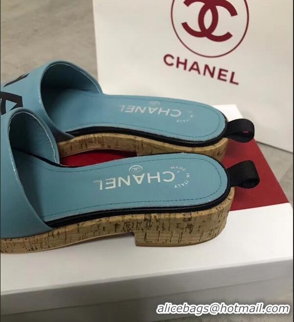 Free Shipping Chanel Lambskin Logo Mules Slipper Sandals G34876 Cyan 2019