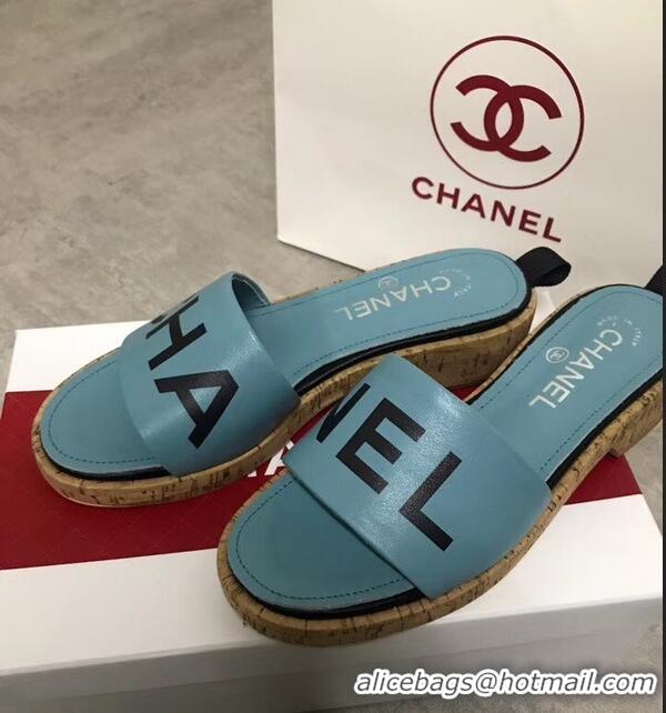 Free Shipping Chanel Lambskin Logo Mules Slipper Sandals G34876 Cyan 2019