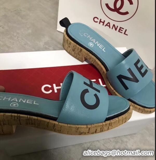 Free Shipping Chanel Lambskin Logo Mules Slipper Sandals G34876 Cyan 2019