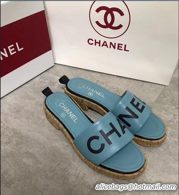 Free Shipping Chanel Lambskin Logo Mules Slipper Sandals G34876 Cyan 2019