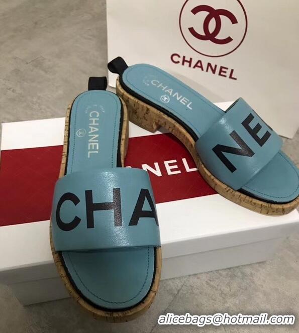 Free Shipping Chanel Lambskin Logo Mules Slipper Sandals G34876 Cyan 2019