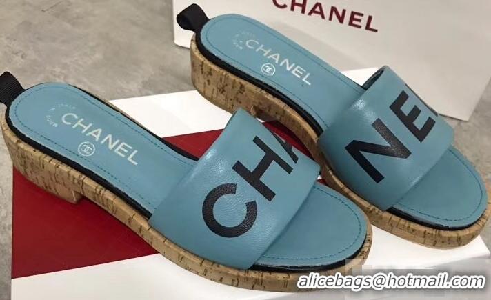 Free Shipping Chanel Lambskin Logo Mules Slipper Sandals G34876 Cyan 2019