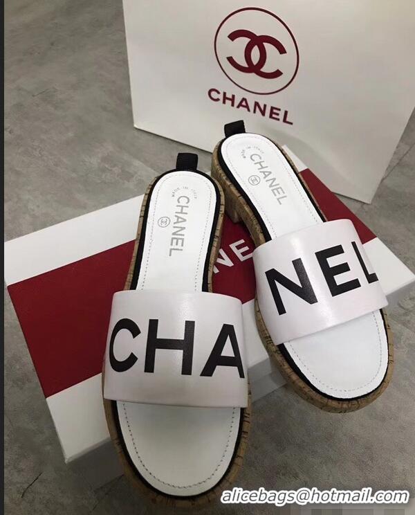 Shop Discount Chanel Lambskin Logo Mules Slipper Sandals G34876 White 2019