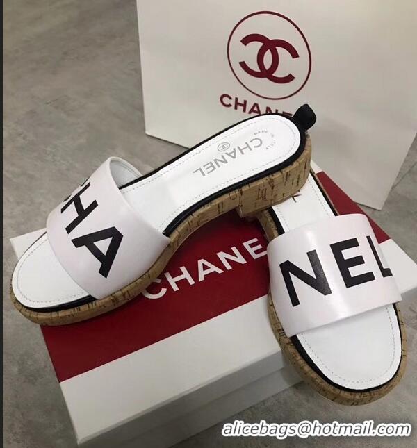 Shop Discount Chanel Lambskin Logo Mules Slipper Sandals G34876 White 2019