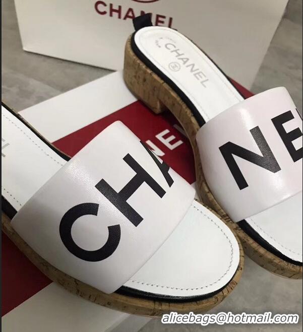 Shop Discount Chanel Lambskin Logo Mules Slipper Sandals G34876 White 2019