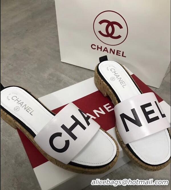 Shop Discount Chanel Lambskin Logo Mules Slipper Sandals G34876 White 2019