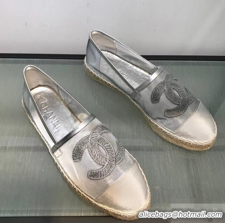 Imitation Chanel CC Logo Mesh and Grosgrain Espadrilles G34651 Silver 2019