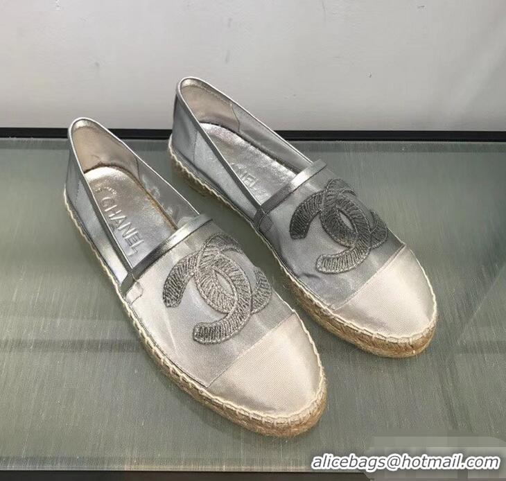 Imitation Chanel CC Logo Mesh and Grosgrain Espadrilles G34651 Silver 2019