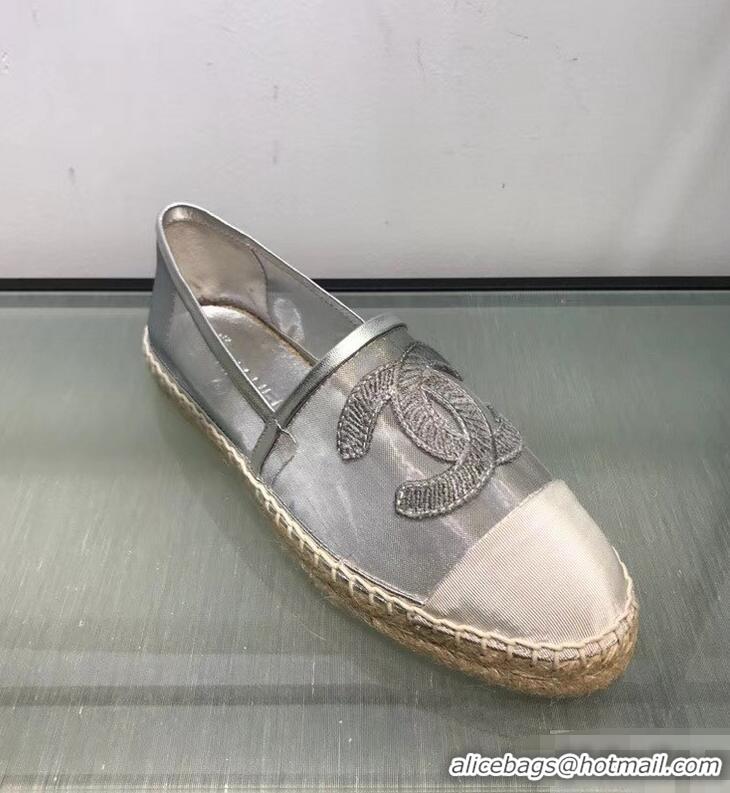 Imitation Chanel CC Logo Mesh and Grosgrain Espadrilles G34651 Silver 2019