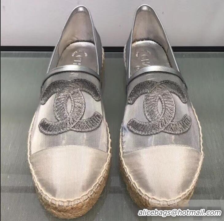 Imitation Chanel CC Logo Mesh and Grosgrain Espadrilles G34651 Silver 2019