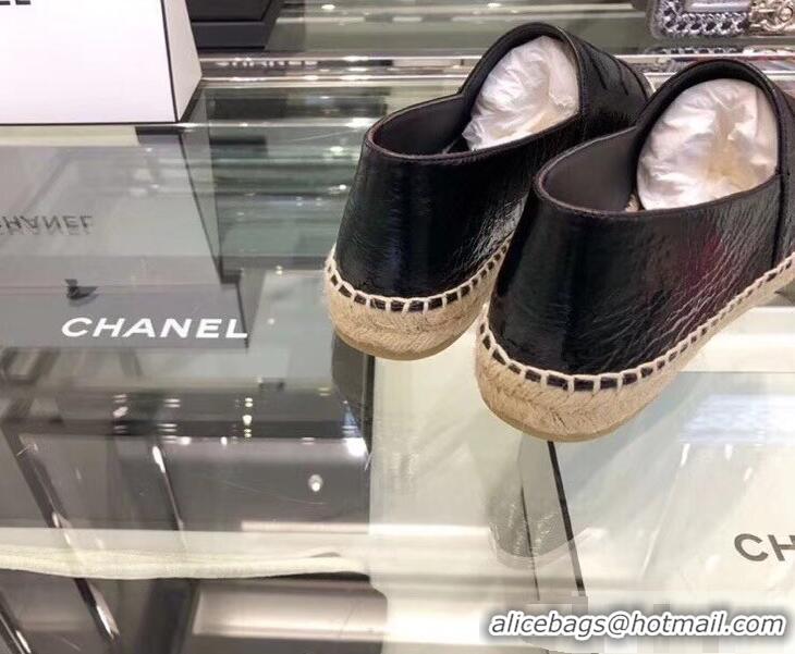 Fashion Chanel CC Logo Laminated Crinkled Leather Espadrilles G29762 Black 2019