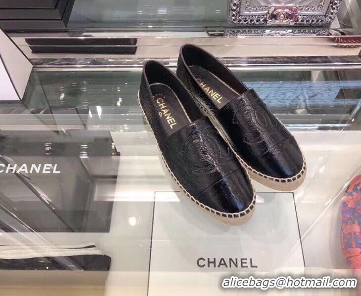 Fashion Chanel CC Logo Laminated Crinkled Leather Espadrilles G29762 Black 2019