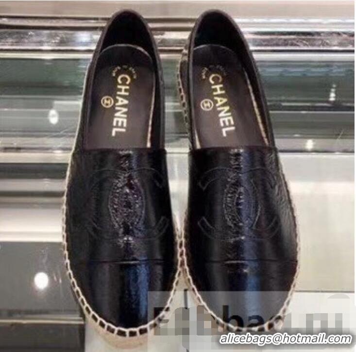 Fashion Chanel CC Logo Laminated Crinkled Leather Espadrilles G29762 Black 2019