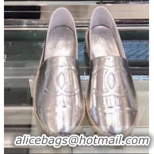 Cheapest Chanel CC Logo Laminated Crinkled Leather Espadrilles G29762 Silver 2019