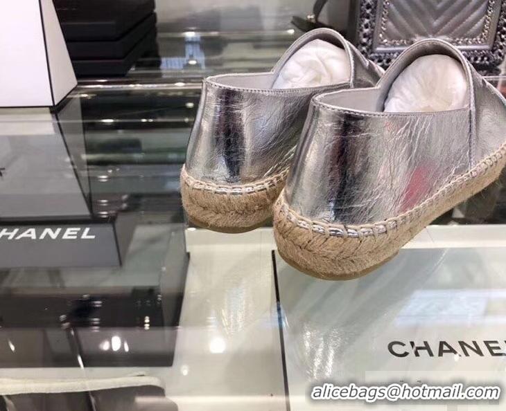 Cheapest Chanel CC Logo Laminated Crinkled Leather Espadrilles G29762 Silver 2019