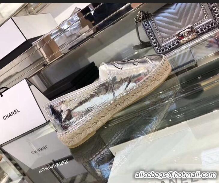 Cheapest Chanel CC Logo Laminated Crinkled Leather Espadrilles G29762 Silver 2019