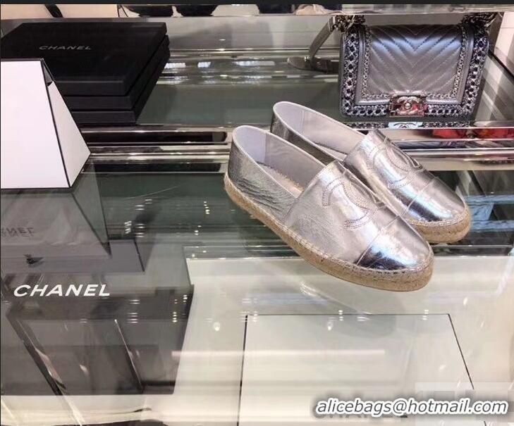 Cheapest Chanel CC Logo Laminated Crinkled Leather Espadrilles G29762 Silver 2019