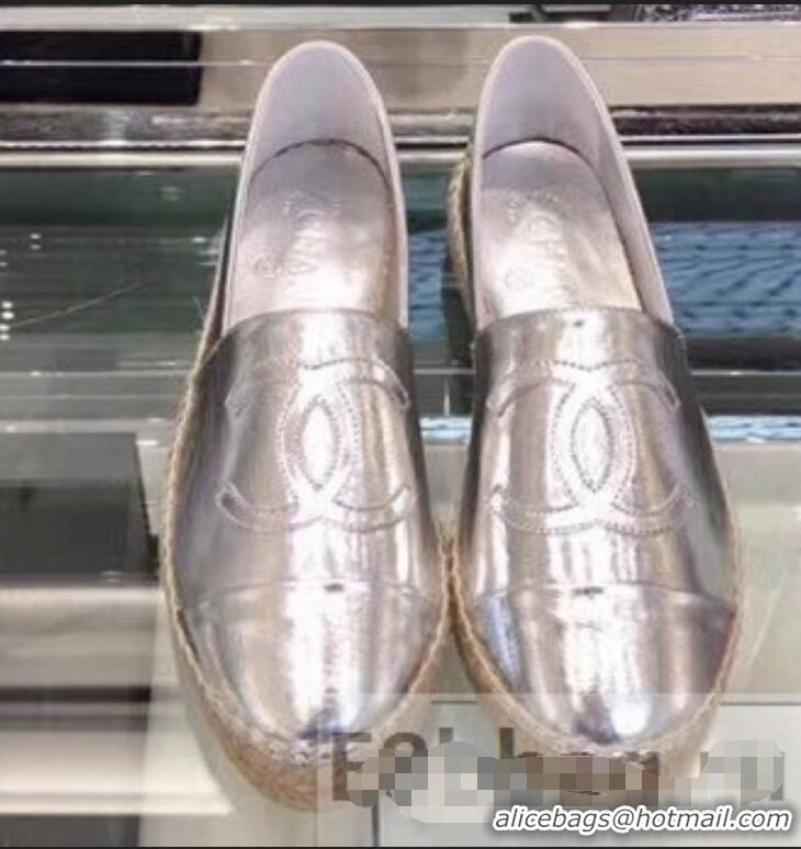 Cheapest Chanel CC Logo Laminated Crinkled Leather Espadrilles G29762 Silver 2019