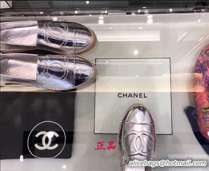 Cheapest Chanel CC Logo Laminated Crinkled Leather Espadrilles G29762 Silver 2019