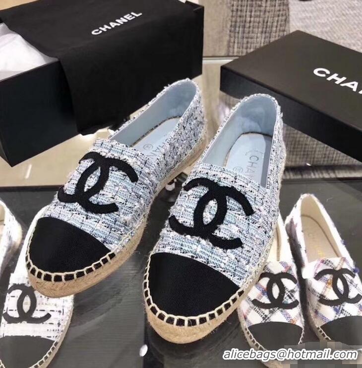 Purchase Chanel CC Logo Tweed Fabric Espadrilles G31507 Light Blue 2019