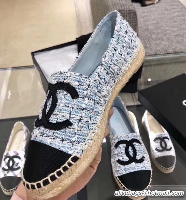 Purchase Chanel CC Logo Tweed Fabric Espadrilles G31507 Light Blue 2019