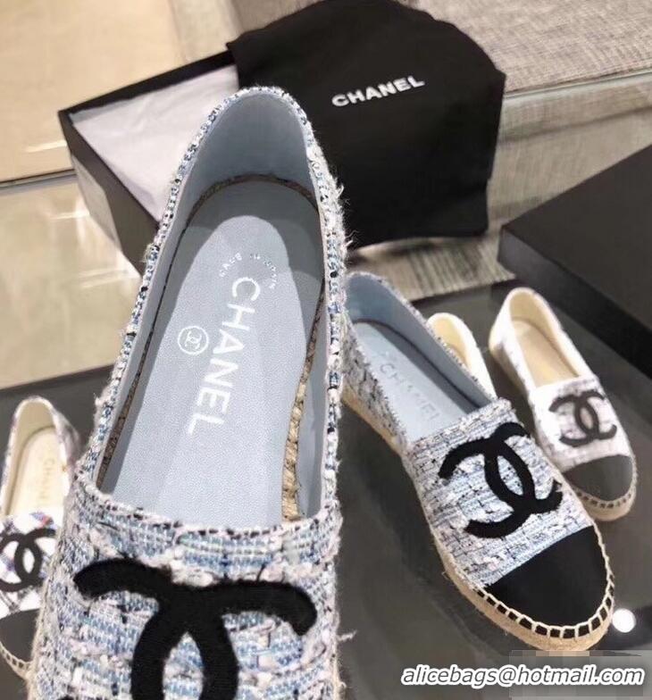 Purchase Chanel CC Logo Tweed Fabric Espadrilles G31507 Light Blue 2019