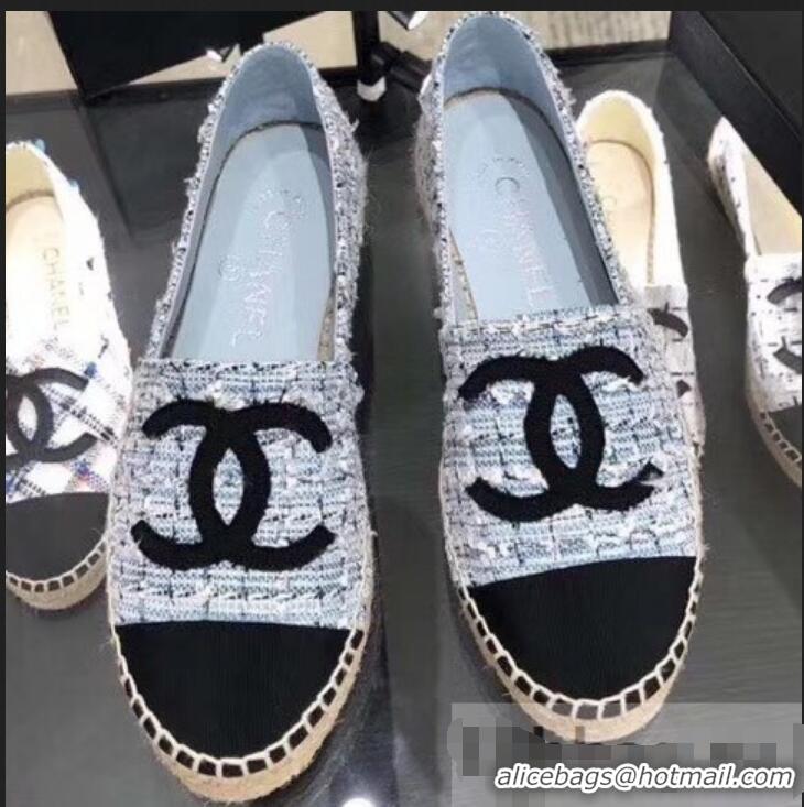 Purchase Chanel CC Logo Tweed Fabric Espadrilles G31507 Light Blue 2019