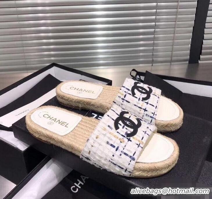 Super Chanel CC Logo Tweed Mules Slipper Sandals Espadrilles G34067 Gray 2019