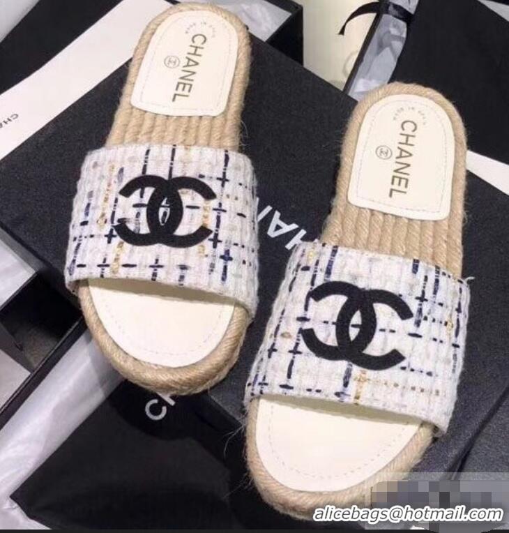 Super Chanel CC Logo Tweed Mules Slipper Sandals Espadrilles G34067 Gray 2019