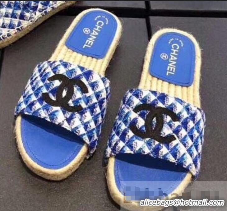 Youthful Chanel CC Logo Tweed Mules Slipper Sandals Espadrilles G34067 Blue 2019