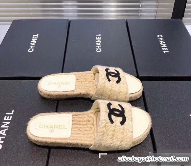 Low Cost Chanel CC Logo Tweed Mules Slipper Sandals Espadrilles G34067 Beige 2019