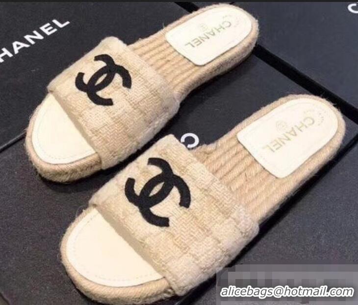 Low Cost Chanel CC Logo Tweed Mules Slipper Sandals Espadrilles G34067 Beige 2019