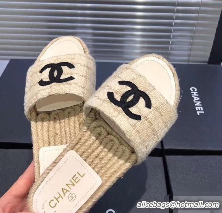 Low Cost Chanel CC Logo Tweed Mules Slipper Sandals Espadrilles G34067 Beige 2019