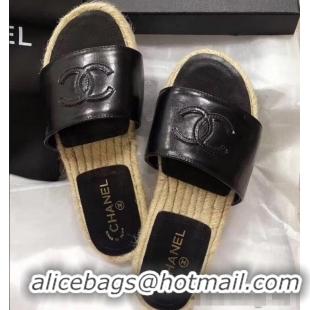 Feminine Chanel CC Logo Leather Mules Slipper Sandals Espadrilles G34067 Black 2019