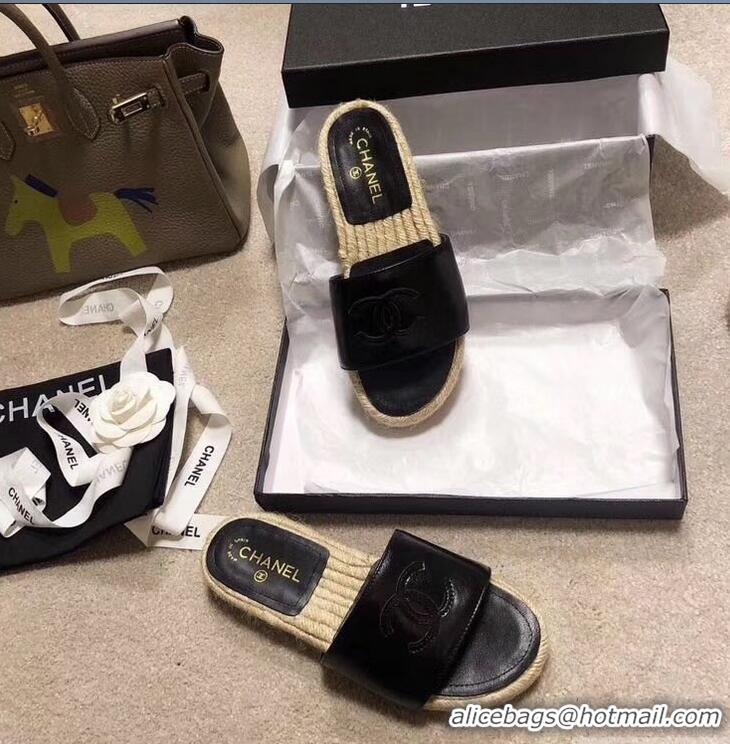 Feminine Chanel CC Logo Leather Mules Slipper Sandals Espadrilles G34067 Black 2019