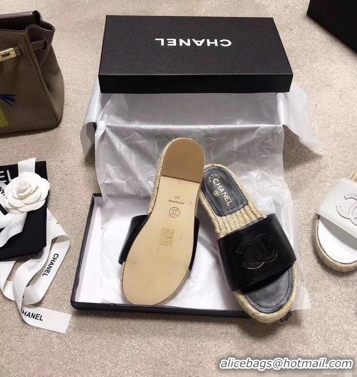 Feminine Chanel CC Logo Leather Mules Slipper Sandals Espadrilles G34067 Black 2019