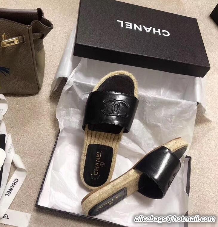 Feminine Chanel CC Logo Leather Mules Slipper Sandals Espadrilles G34067 Black 2019