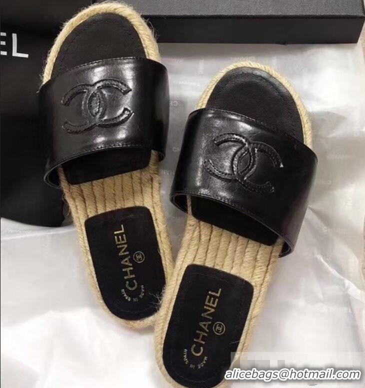 Feminine Chanel CC Logo Leather Mules Slipper Sandals Espadrilles G34067 Black 2019