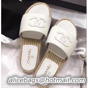 Pretty Chanel CC Logo Leather Mules Slipper Sandals Espadrilles G34067 White 2019