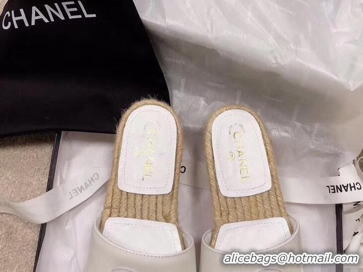 Pretty Chanel CC Logo Leather Mules Slipper Sandals Espadrilles G34067 White 2019