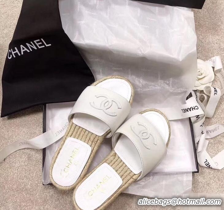 Pretty Chanel CC Logo Leather Mules Slipper Sandals Espadrilles G34067 White 2019