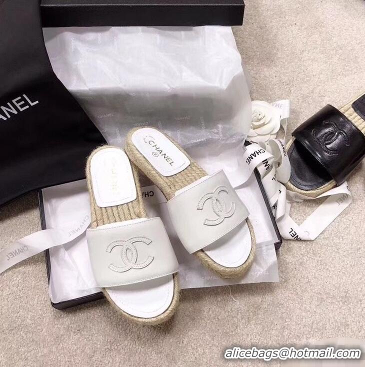 Pretty Chanel CC Logo Leather Mules Slipper Sandals Espadrilles G34067 White 2019