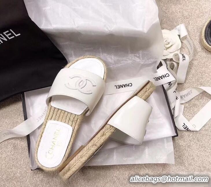 Pretty Chanel CC Logo Leather Mules Slipper Sandals Espadrilles G34067 White 2019