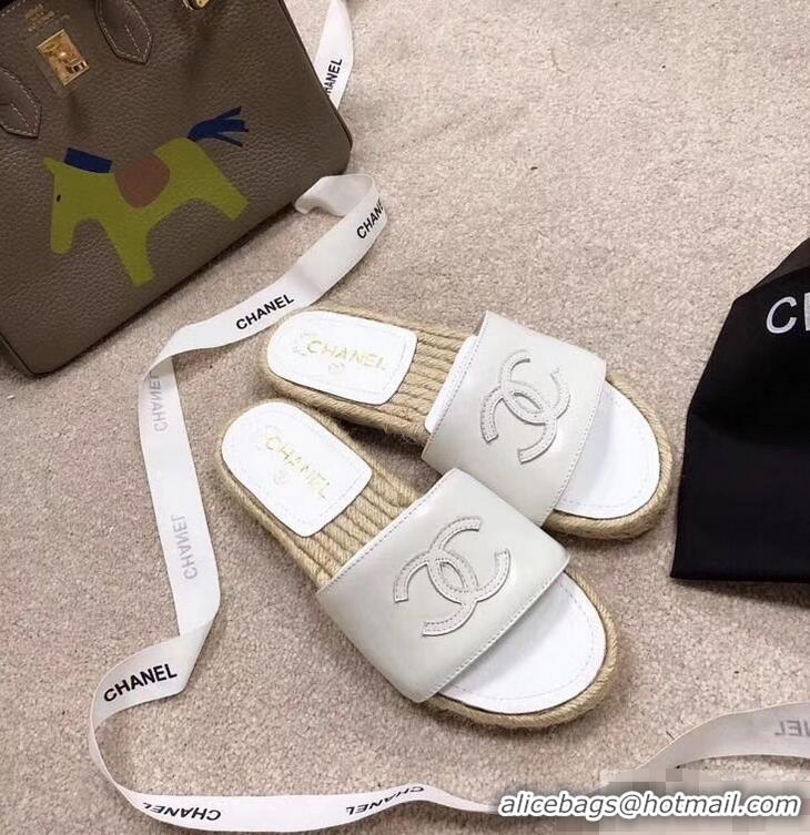 Pretty Chanel CC Logo Leather Mules Slipper Sandals Espadrilles G34067 White 2019