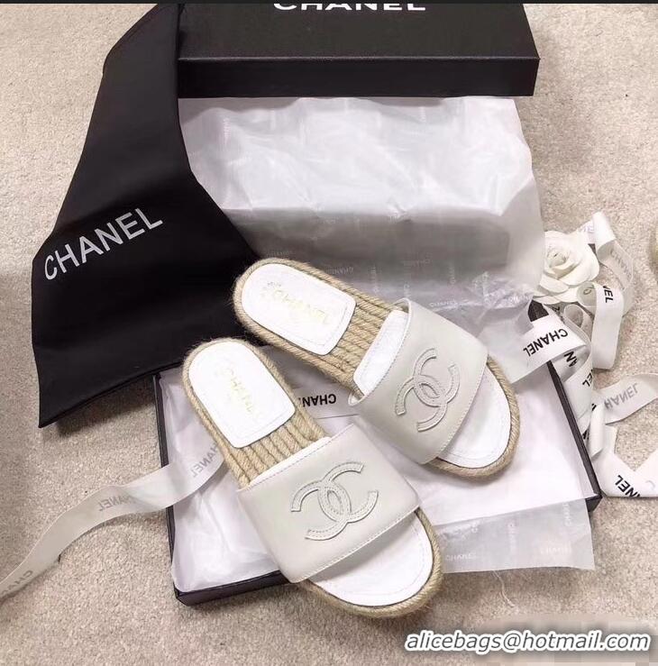 Pretty Chanel CC Logo Leather Mules Slipper Sandals Espadrilles G34067 White 2019