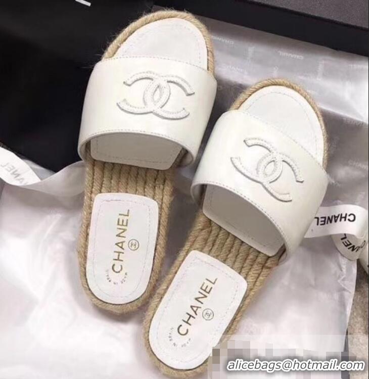 Pretty Chanel CC Logo Leather Mules Slipper Sandals Espadrilles G34067 White 2019