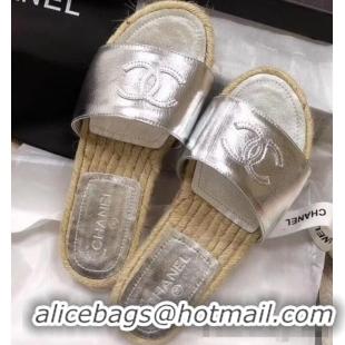 Top Grade Chanel CC Logo Leather Mules Slipper Sandals Espadrilles G34067 Silver 2019