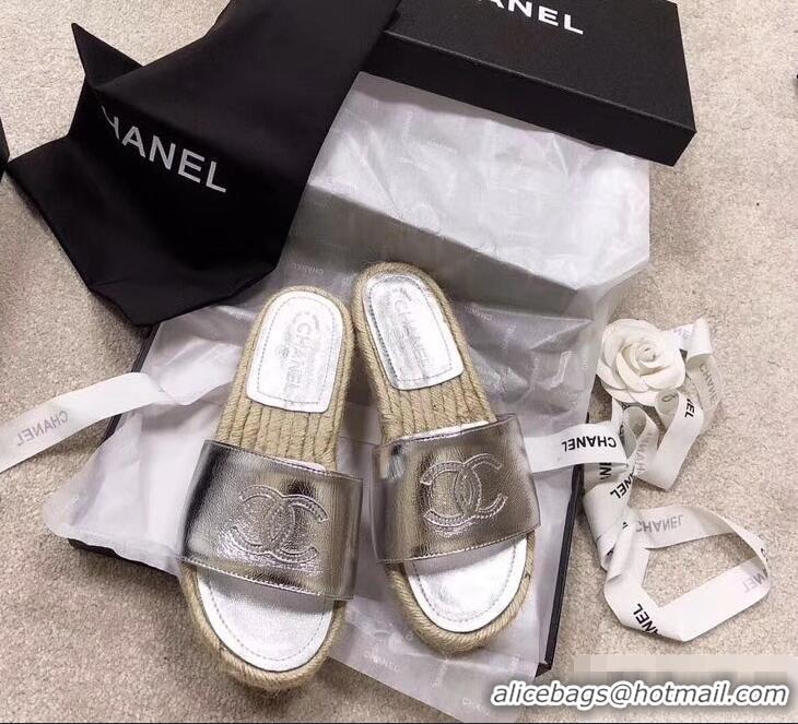 Top Grade Chanel CC Logo Leather Mules Slipper Sandals Espadrilles G34067 Silver 2019