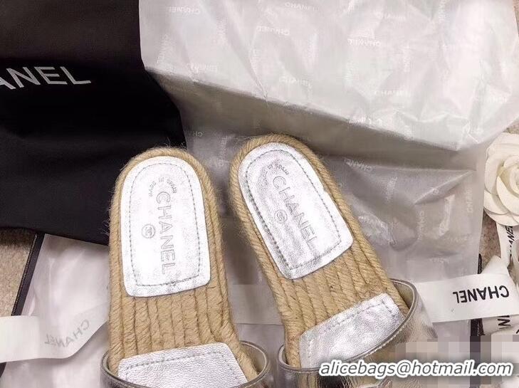 Top Grade Chanel CC Logo Leather Mules Slipper Sandals Espadrilles G34067 Silver 2019