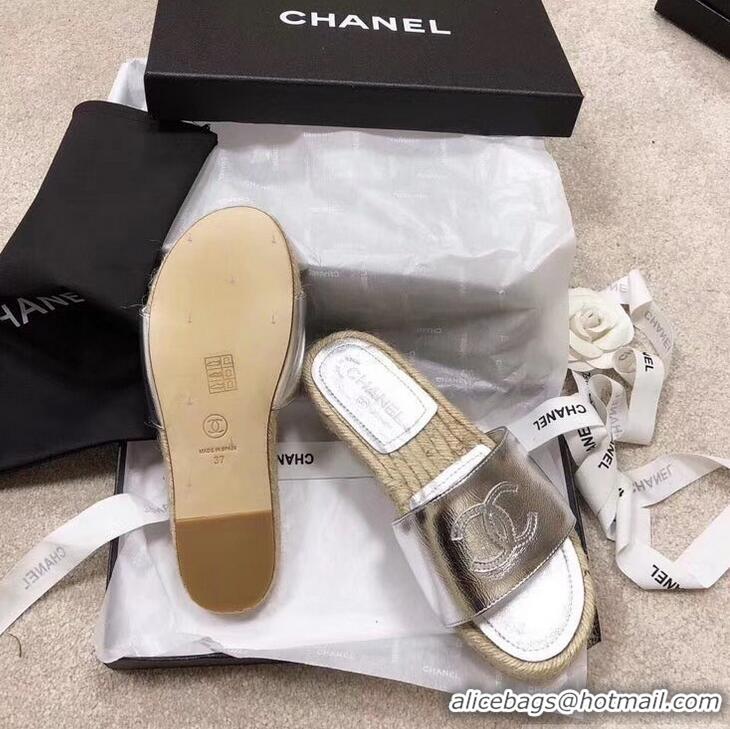 Top Grade Chanel CC Logo Leather Mules Slipper Sandals Espadrilles G34067 Silver 2019